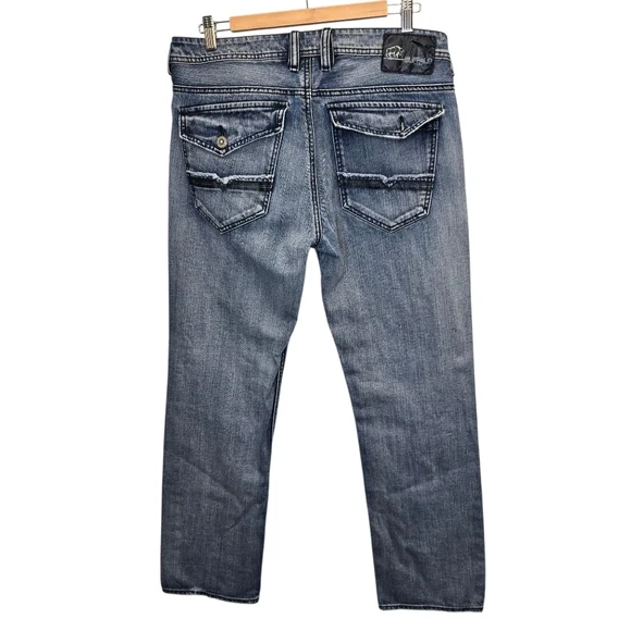 Buffalo Men's 34 Relaxed Fit Distressed Blue Denim Jeans Flap Pockets